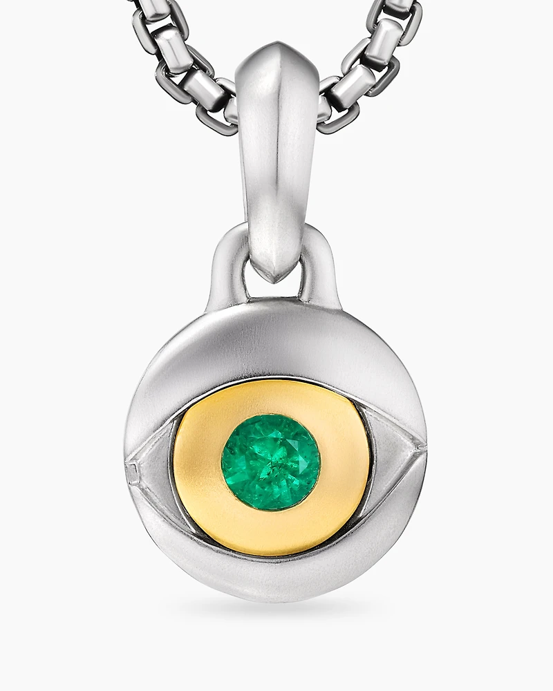 Evil Eye Amulet in Sterling Silver with 18K Yellow Gold and Emerald, 14.5mm