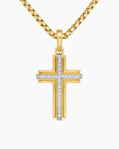 Deco Cross Pendant in 18K Yellow Gold with Diamonds, 34mm