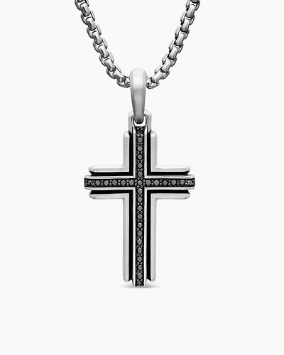 Deco Cross Pendant in Sterling Silver with Black Diamonds, 34mm