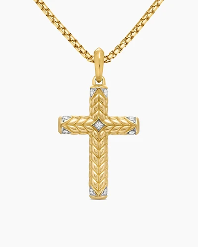 Chevron Sculpted Cross Pendant in 18K Yellow Gold with Diamonds, 49mm
