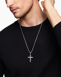 Chevron Sculpted Cross Pendant in Sterling Silver with Black Diamonds, 49mm