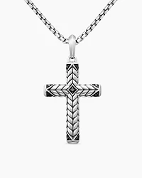Chevron Sculpted Cross Pendant in Sterling Silver with Black Diamonds, 49mm