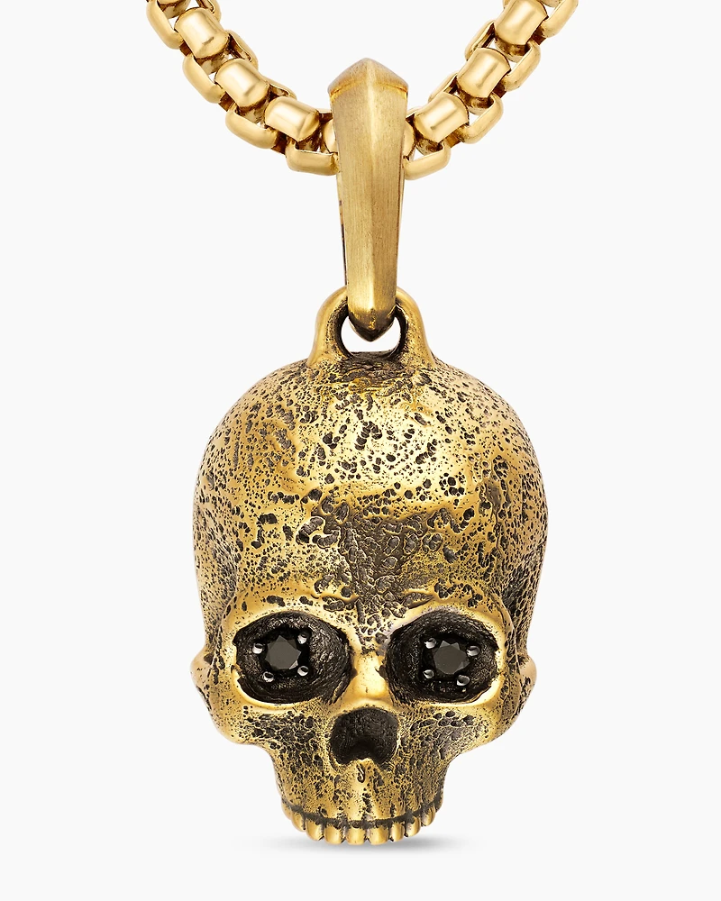 Memento Mori Skull Amulet in 18K Yellow Gold with Pavé Black Diamonds, 18mm