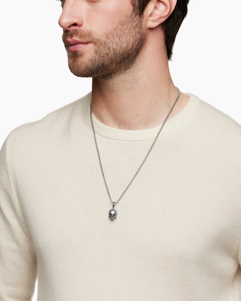 Memento Mori Skull Amulet in Sterling Silver with Pavé Black Diamonds, 18mm