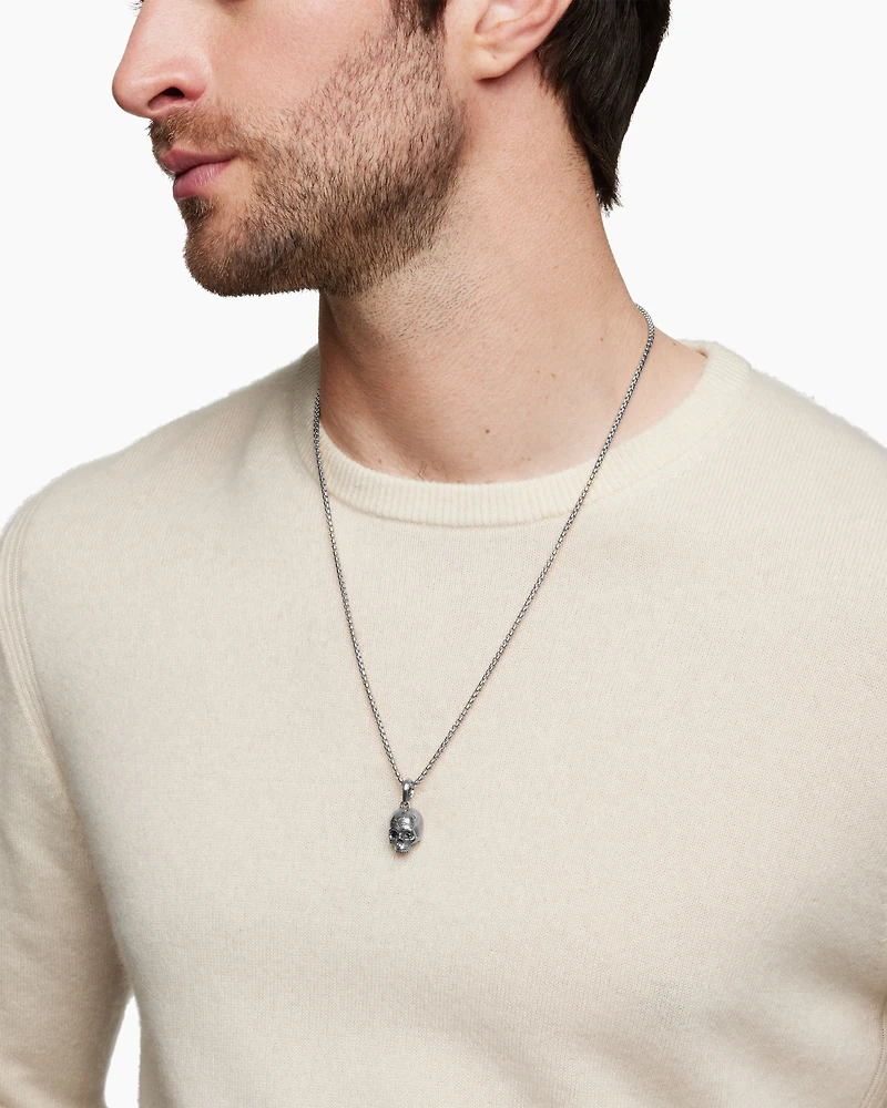 Memento Mori Skull Amulet in Sterling Silver with Pavé Black Diamonds, 18mm