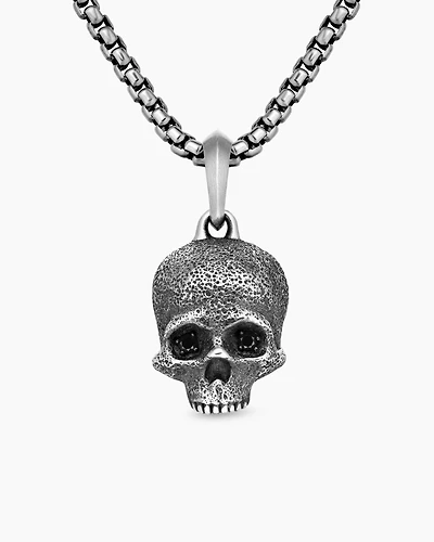 Memento Mori Skull Amulet in Sterling Silver with Pavé Black Diamonds, 18mm