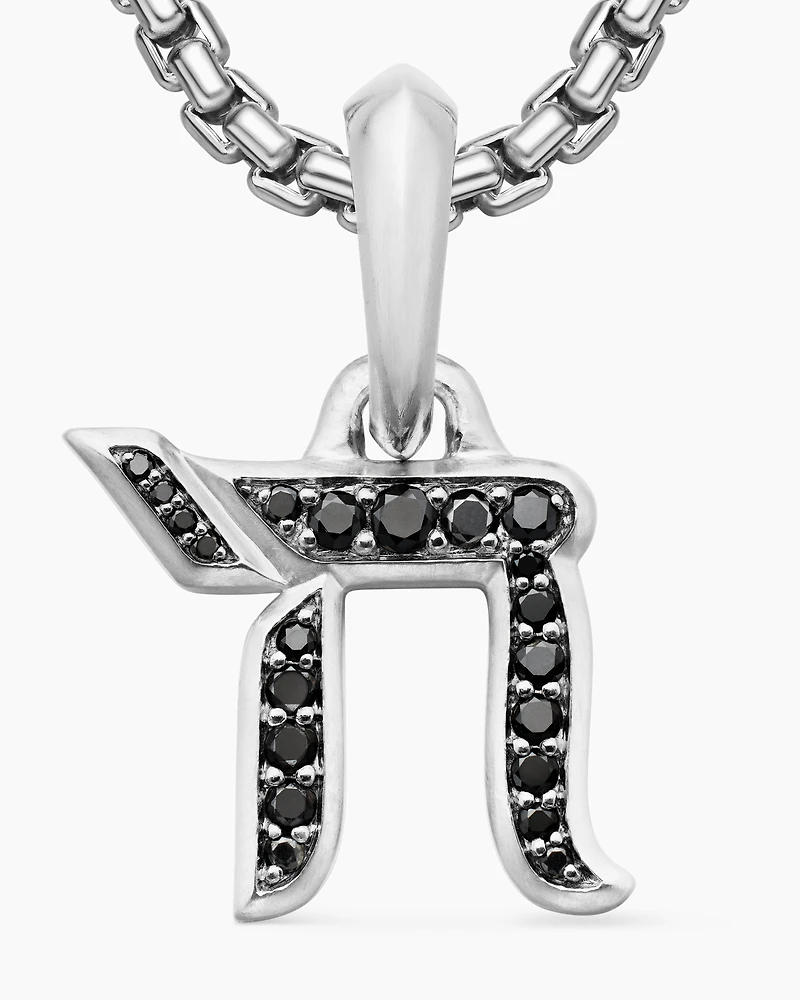 Chai Amulet in Sterling Silver with Black Diamonds, 17mm