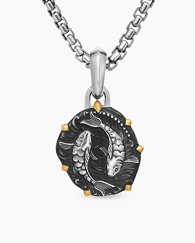 Pisces Amulet in Sterling Silver with 18K Yellow Gold, 33mm