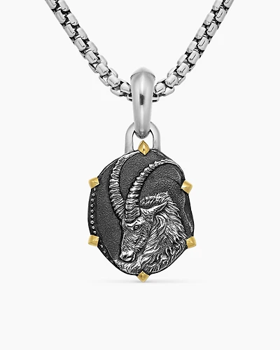 Capricorn Amulet in Sterling Silver with 18K Yellow Gold, 33mm