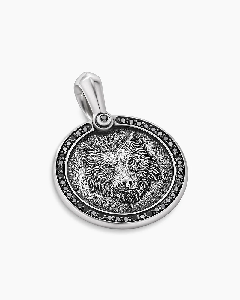 Petrvs® Wolf Amulet in Sterling Silver with Black Diamonds, 21mm