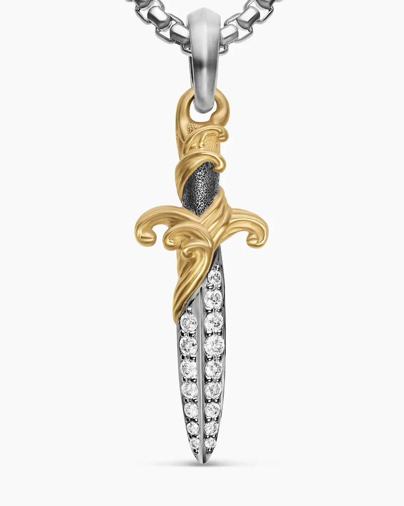 Waves Dagger Amulet in Sterling Silver with 18K Yellow Gold with Diamonds, 31mm