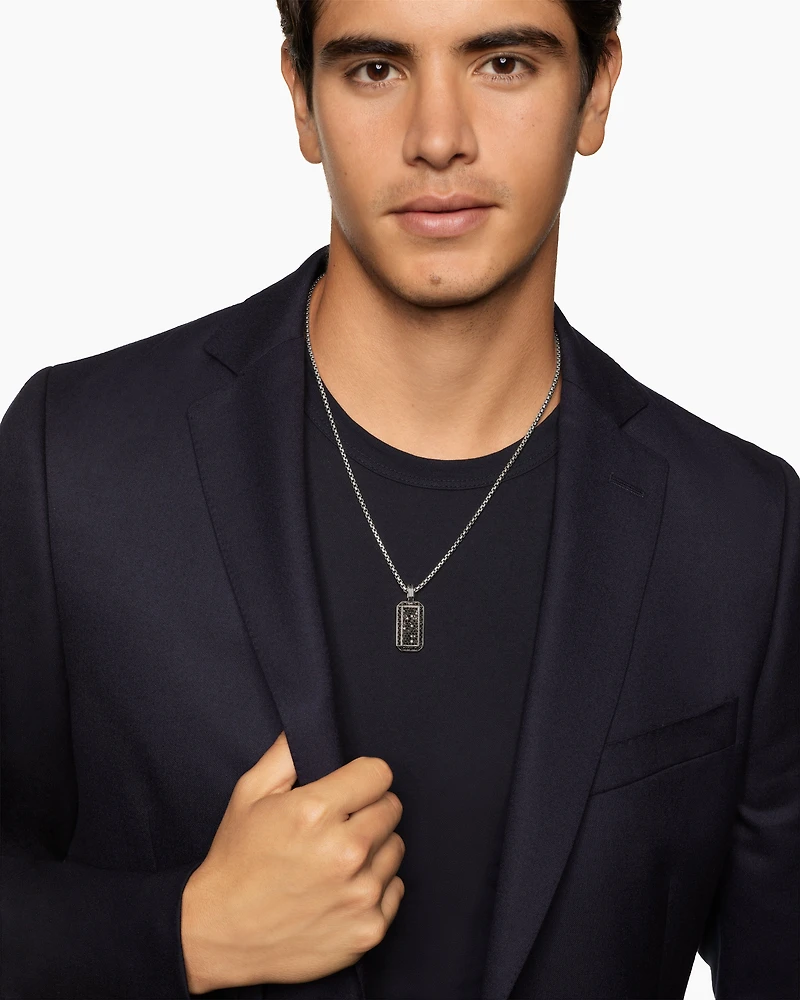 Octagonal Tag in Sterling Silver with Black Diamonds, 27mm