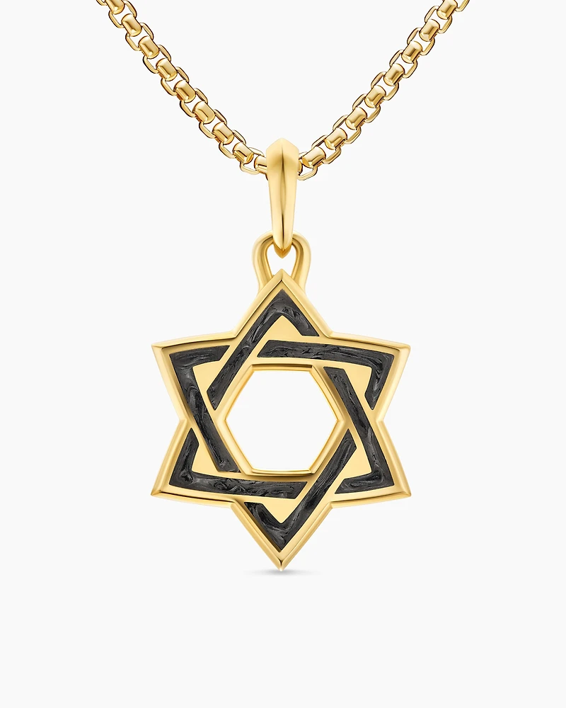 Star of David Amulet in 18K Yellow Gold with Forged Carbon, 25mm