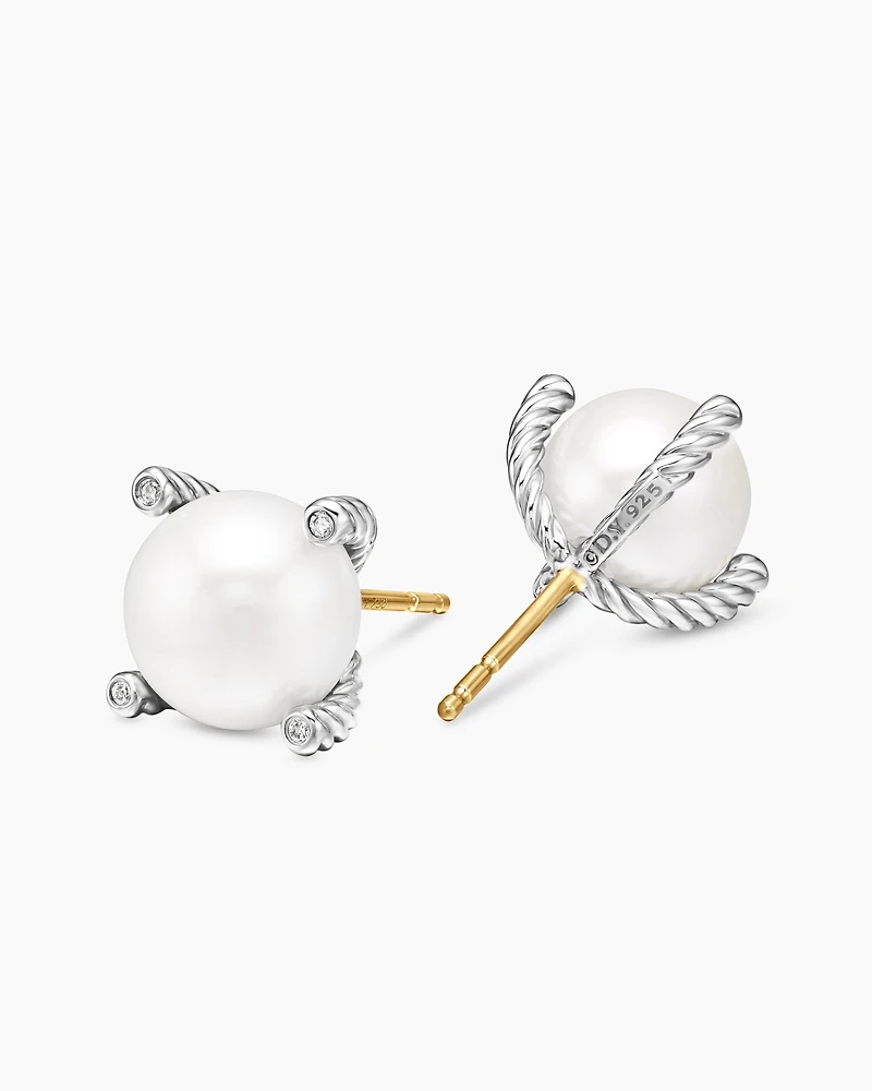Pearl Stud Earrings in Sterling Silver with Pearls and Diamonds