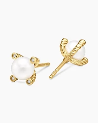Cable Pearl Stud Earrings in 18K Yellow Gold with Diamonds, 7.4mm