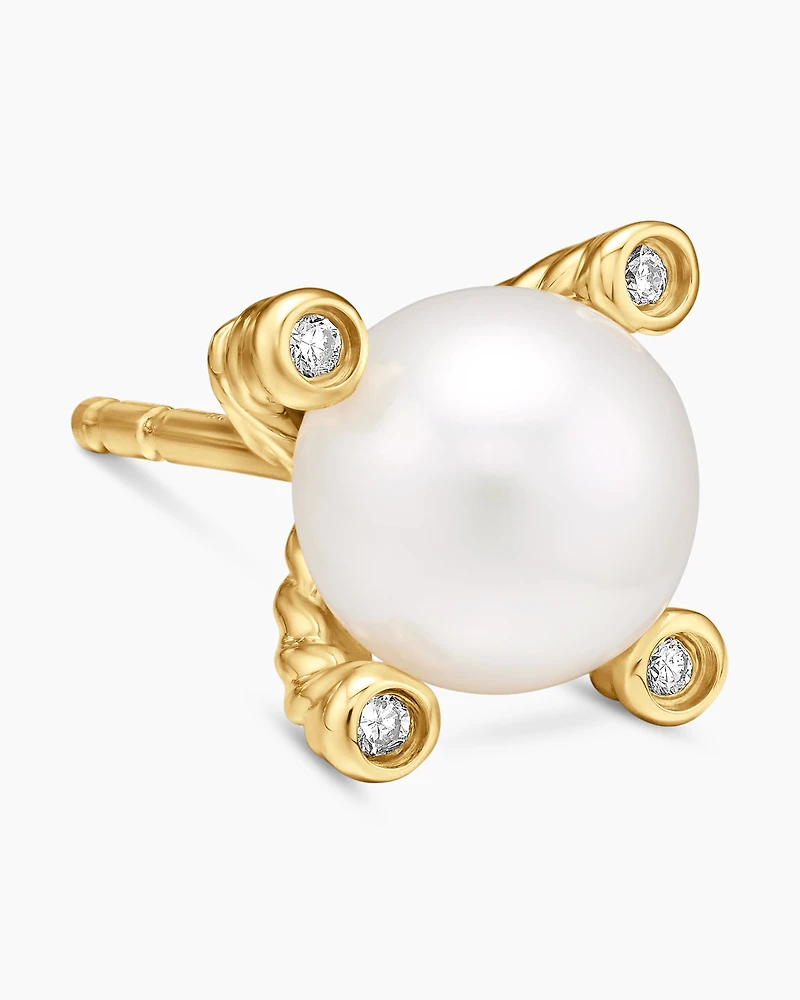 Cable Pearl Stud Earrings in 18K Yellow Gold with Diamonds, 7.4mm