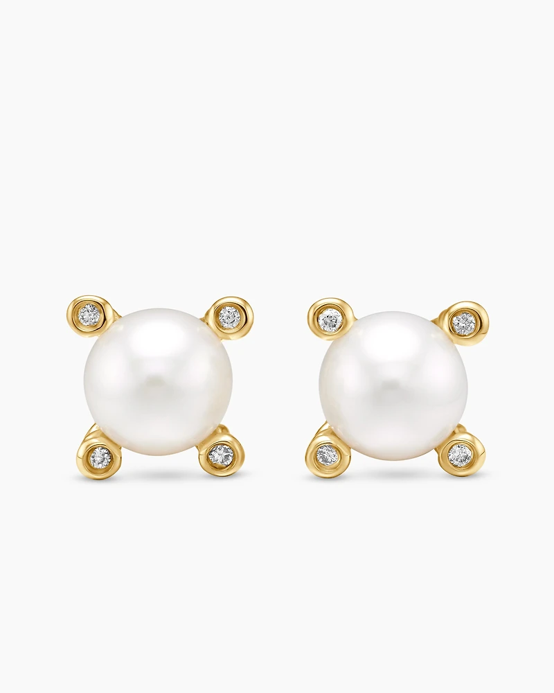 Cable Pearl Stud Earrings in 18K Yellow Gold with Diamonds, 7.4mm