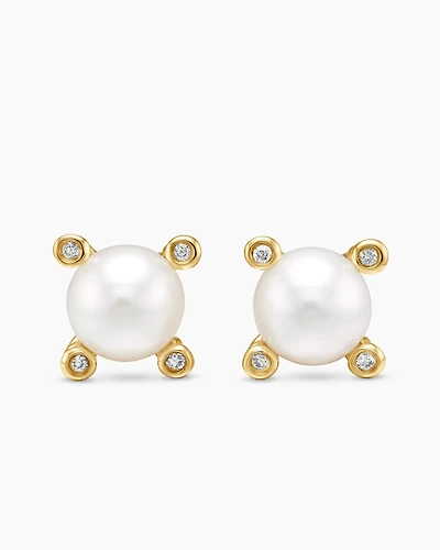 Cable Pearl Stud Earrings in 18K Yellow Gold with Diamonds, 7.4mm
