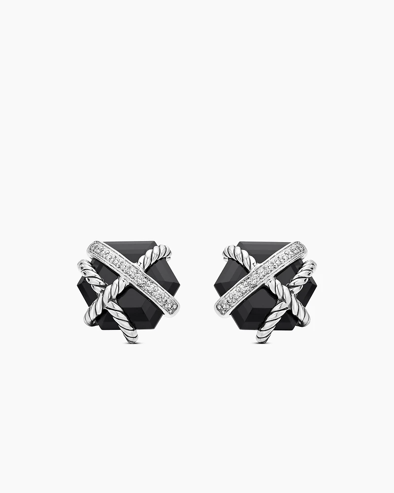 Cable Wrap Stud Earrings in Sterling Silver with Black Onyx and Diamonds, 11mm