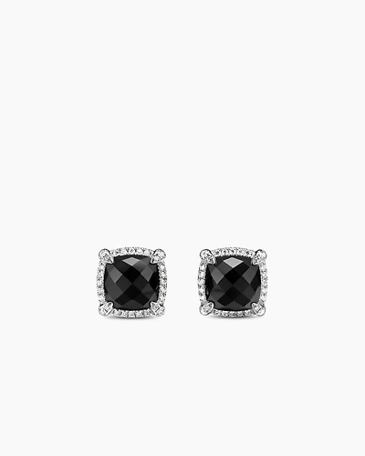 Chatelaine® Pavé Bezel Stud Earrings in Sterling Silver with Black Onyx and Diamonds, 9mm