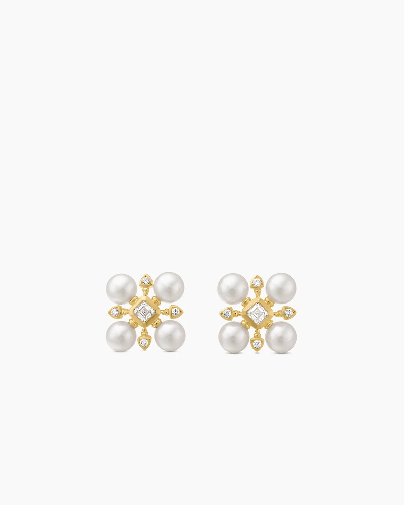 Renaissance Pearl Stud Earrings in 18K Yellow Gold with Pearls and Diamonds, 16.5mm
