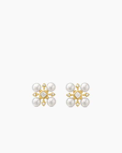 Renaissance Pearl Stud Earrings in 18K Yellow Gold with Pearls and Diamonds, 16.5mm
