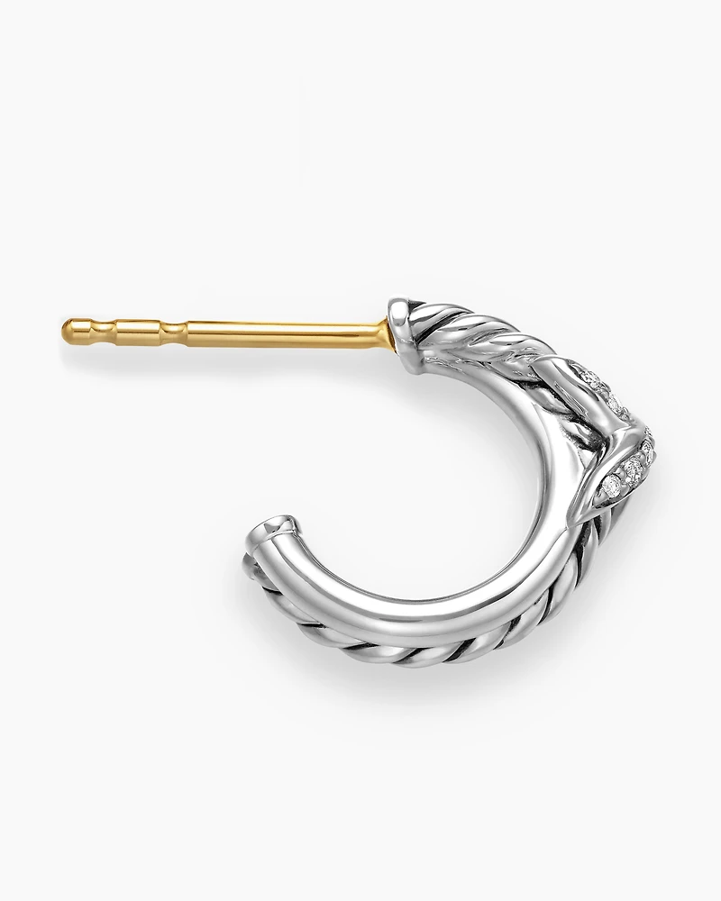 Petite X Hoop Earrings in Sterling Silver with Pavé Diamonds, 12.6mm