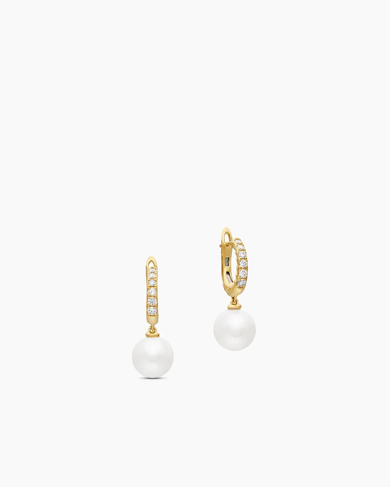 Pearl and Pavé Drop Earrings in 18K Yellow Gold with Pearls and Diamonds, 15.6mm
