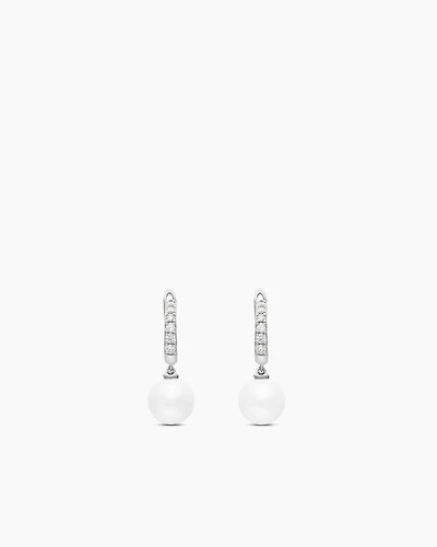 Pearl and Pavé Drop Earrings in Sterling Silver with Pearls and Diamonds, 15.6mm