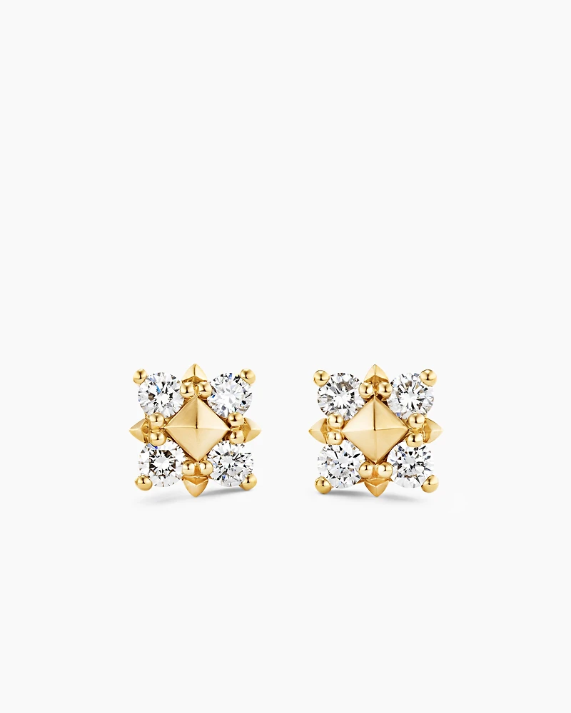 Petite Modern Renaissance Pyramid Stud Earrings in 18K Yellow Gold with Diamonds, 8mm