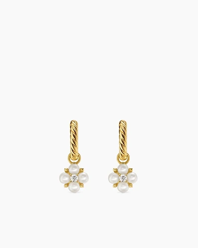 Petite Modern Renaissance Pearl Drop Earrings in 18K Yellow Gold with Diamonds, 18mm