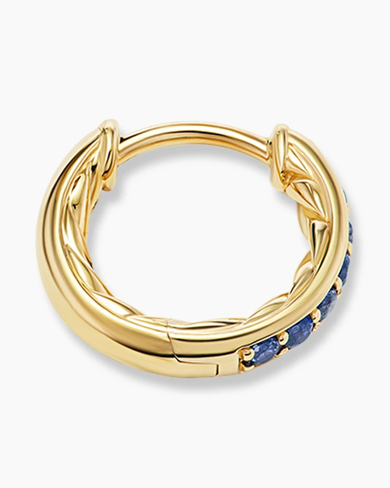 Petite Pavé Huggie Hoop Earrings in 18K Yellow Gold with Blue Sapphires, 12mm