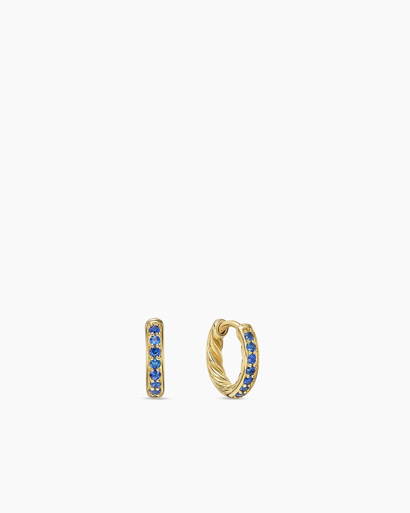 Petite Pavé Huggie Hoop Earrings in 18K Yellow Gold with Blue Sapphires, 12mm