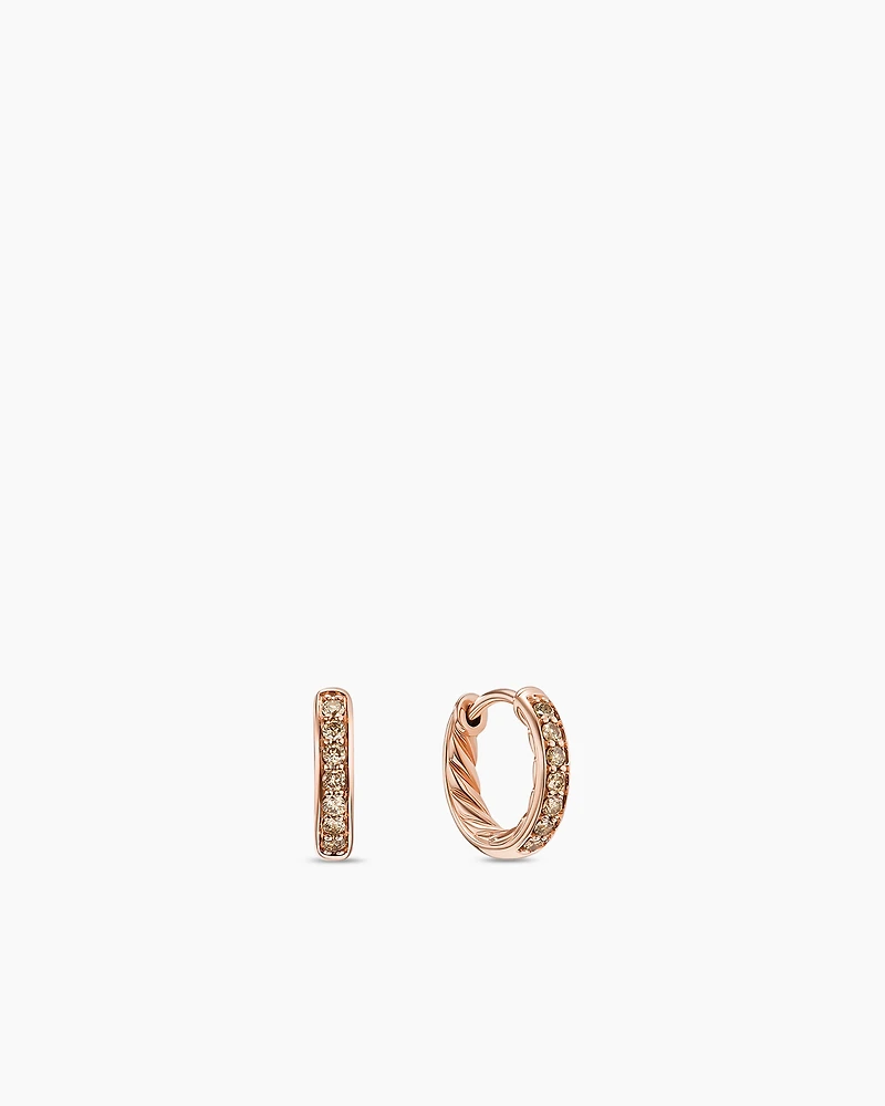 Petite Pavé Huggie Hoop Earrings in 18K Rose Gold with Cognac Diamonds, 12mm