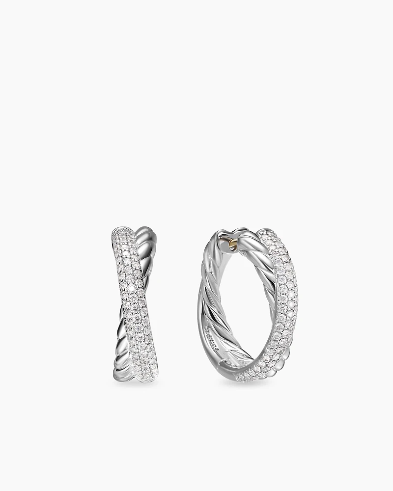 Crossover Hoop Earrings in Sterling Silver with Diamonds