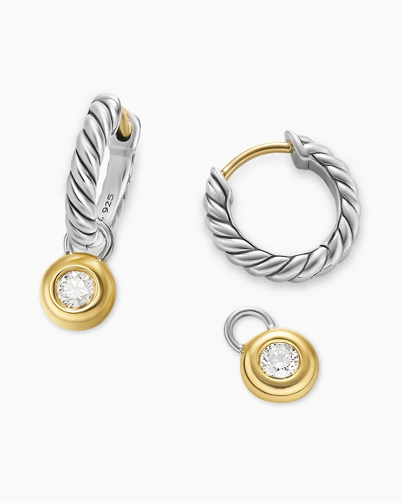 Petite Cable Huggie Drop Earrings in Sterling Silver with 14K Yellow Gold and Diamonds, 17.5mm
