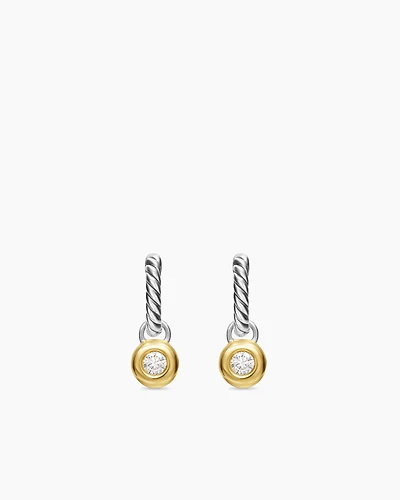 Petite Cable Huggie Drop Earrings in Sterling Silver with 14K Yellow Gold and Diamonds, 17.5mm