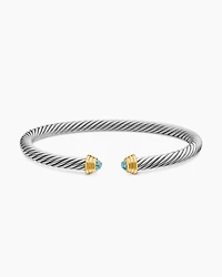 Cable Teen Bracelet in Sterling Silver with 14K Yellow Gold and Aquamarine, 4mm