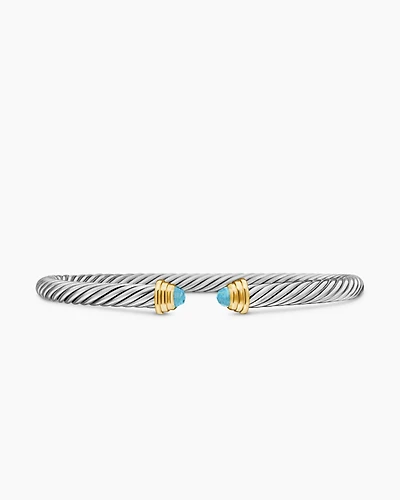Cable Teen Bracelet in Sterling Silver with 14K Yellow Gold and Aquamarine, 4mm