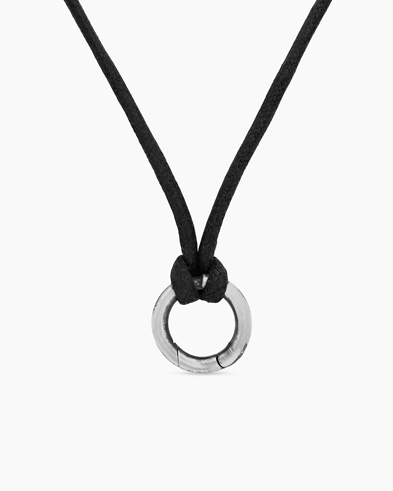 Circle Amulet Necklace Sterling Silver and Black Wax Cord, 1.7mm