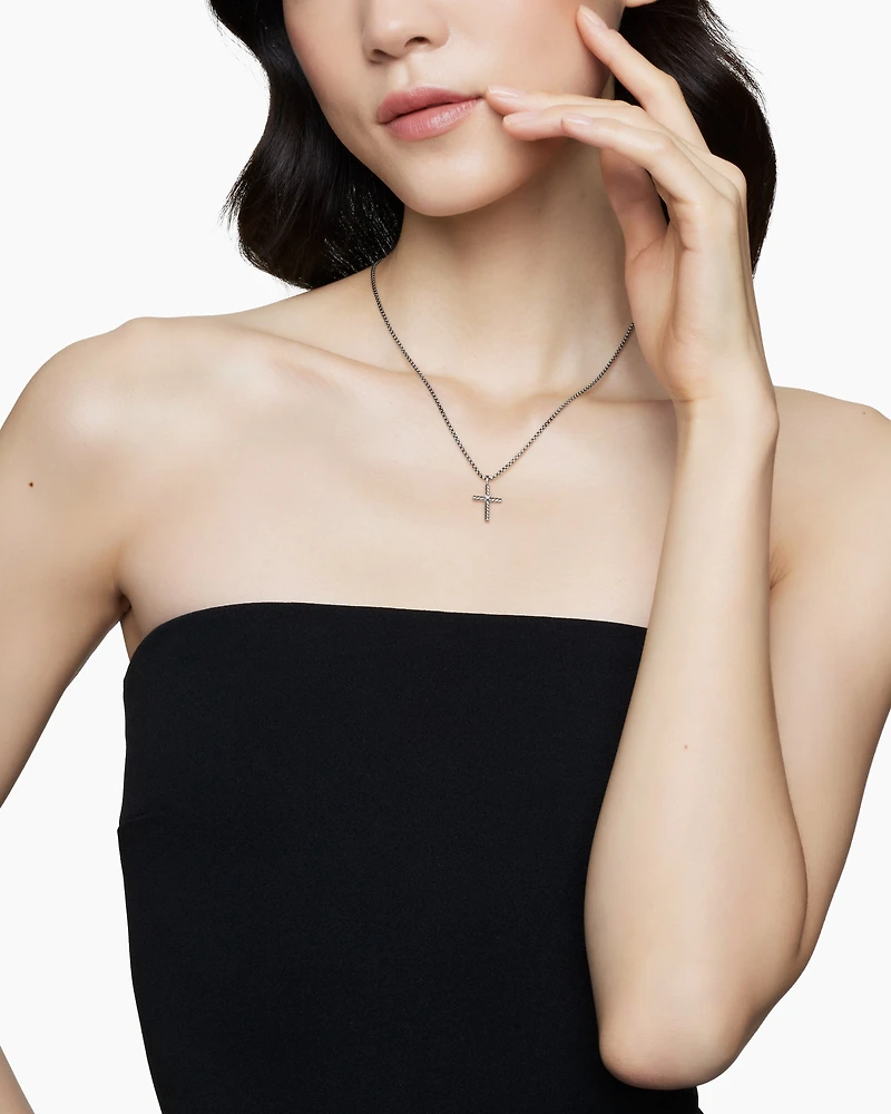 Classic Cable Cross Necklace Sterling Silver with Centre Diamond, 24.3mm