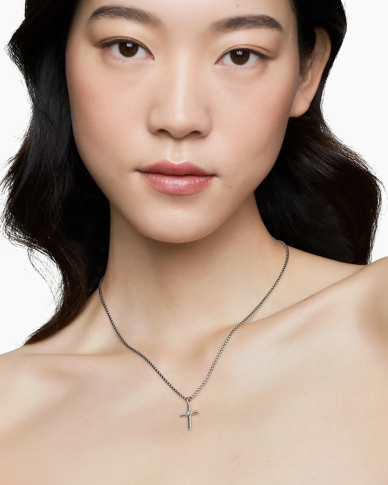 Classic Cable Cross Necklace Sterling Silver with Centre Diamond, 24.3mm