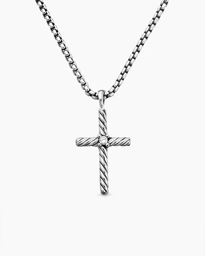 Classic Cable Cross Necklace Sterling Silver with Centre Diamond, 24.3mm