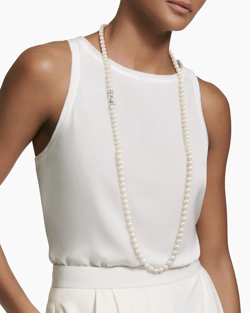 Pearl Strand Necklace Sterling Silver with Pearls and Diamonds