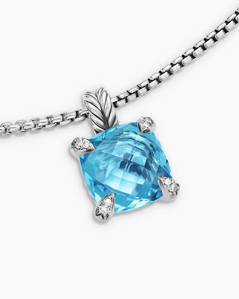 Chatelaine® Pendant Necklace in Sterling Silver with Blue Topaz and Diamonds, 11mm