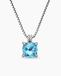 Chatelaine® Pendant Necklace in Sterling Silver with Blue Topaz and Diamonds, 11mm