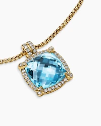 Chatelaine® Pavé Bezel Pendant Necklace in 18K Yellow Gold with Blue Topaz and Diamonds, 14mm