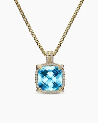 Chatelaine® Pavé Bezel Pendant Necklace in 18K Yellow Gold with Blue Topaz and Diamonds, 14mm