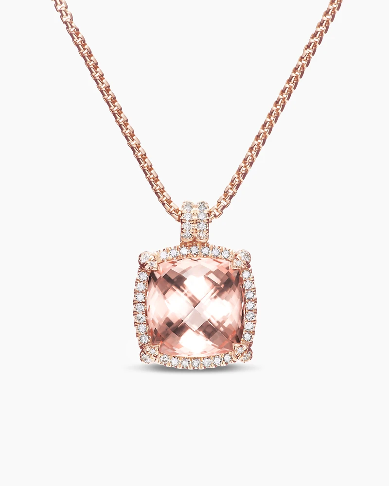 Chatelaine® Pavé Bezel Pendant Necklace in 18K Rose Gold with Morganite and Diamonds