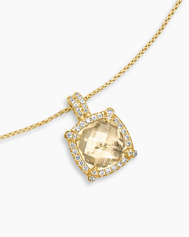 Petite Chatelaine® Pavé Bezel Pendant Necklace in 18K Yellow Gold with Hampton Blue Topaz and Diamonds